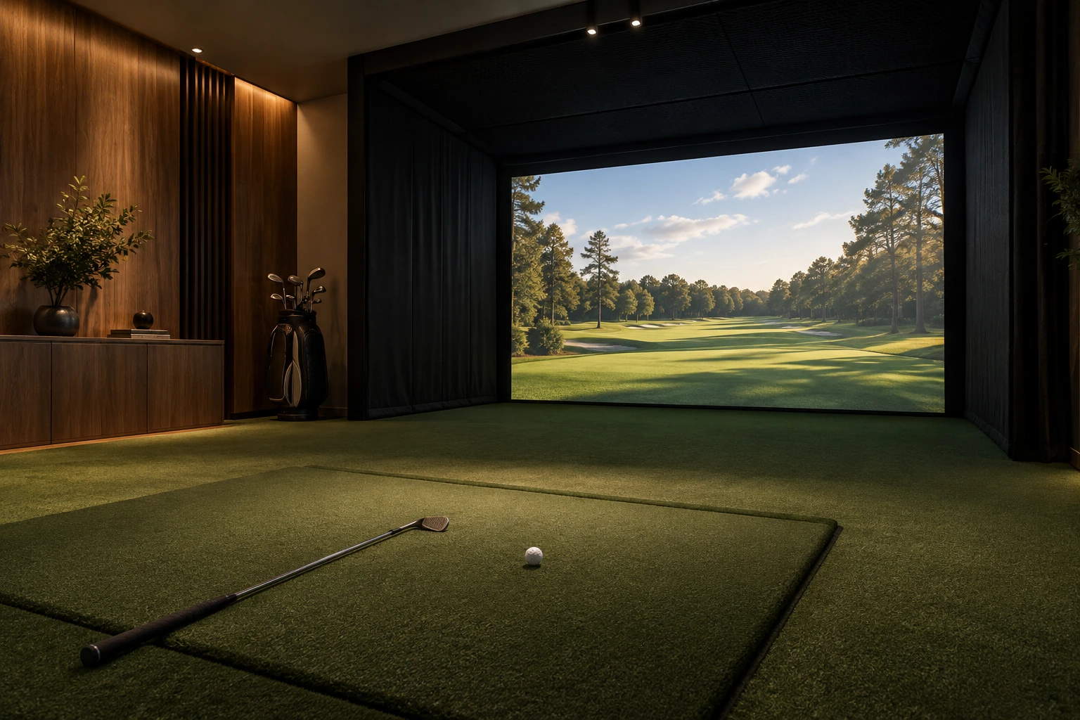 Home golf room with an impact screen, black enclosure and hitting mat